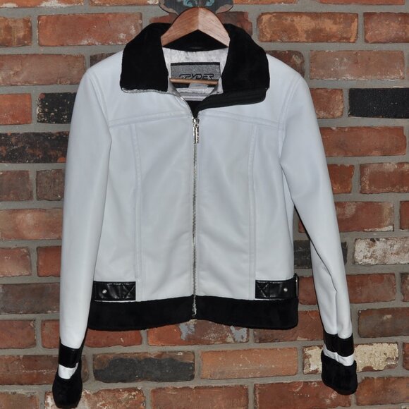 Sypder White Faux Leather Moto Bomber Jacket Black Fleece Trim 8 - Picture 6 of 16